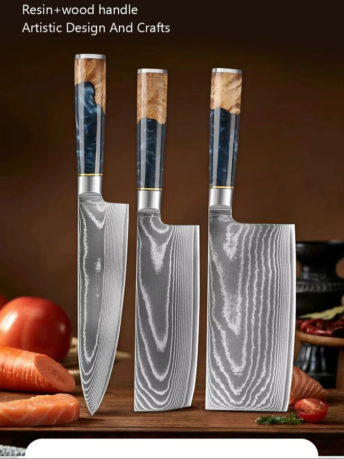 Baovim Damaskus Küchenmesser Set mit Nakiri- und Hackmesser sowie Harz-Holzgriff - Bild 6