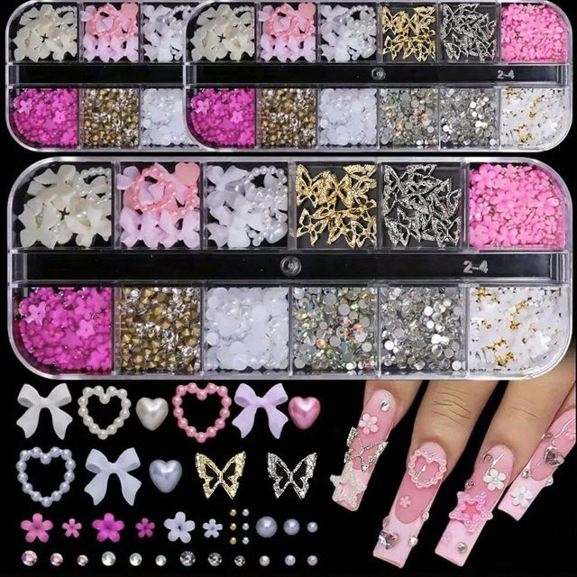 HotPress Nagel Charms Set, Schmetterling, Blume, Diamant, 12 Grids - Bild 1