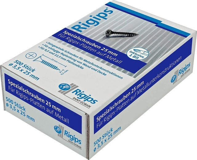 Saint-Gobain Rigips Feingewindeschrauben für Metall, Silber, Durchmesser: 3,5 mm, Länge: 25 mm, 500 Stück - Bild 1