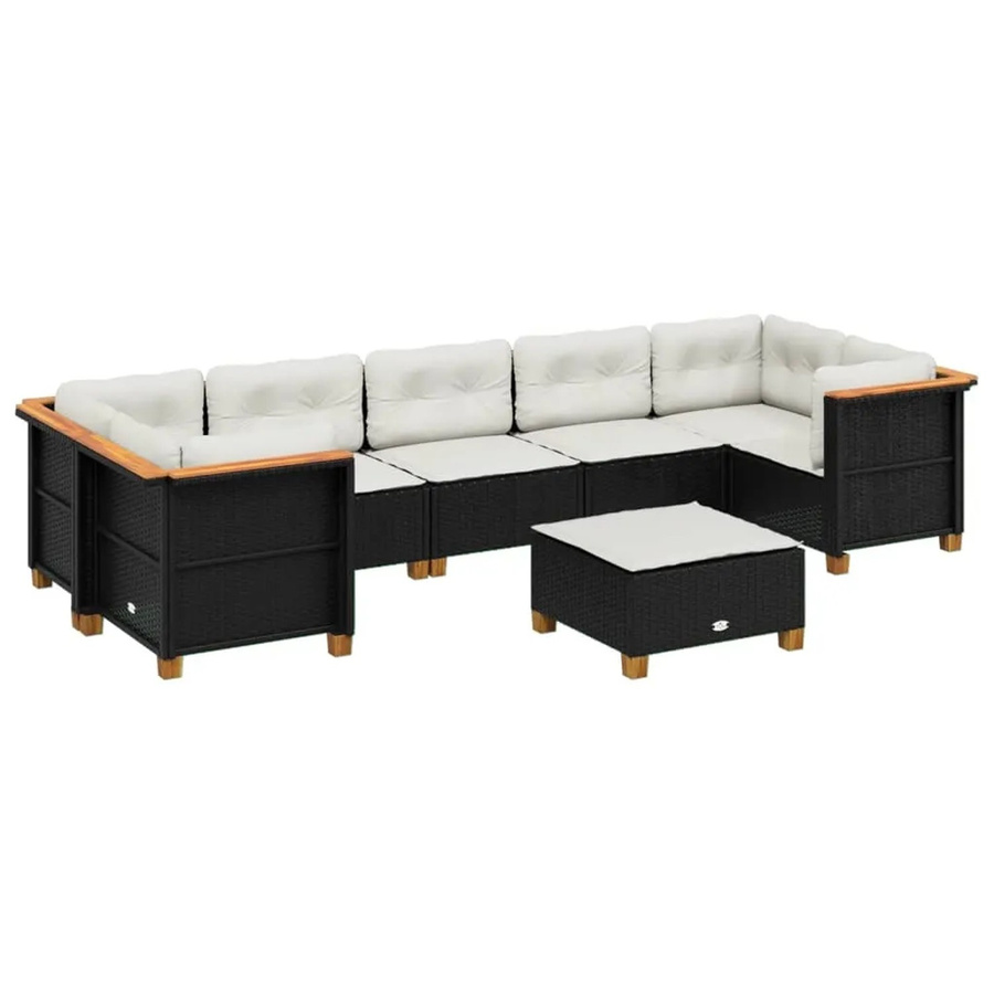 vidaXL 8-tlg Garten-Sofagarnitur in L-Form aus Poly-Rattan und Akazienholz mit Kissen, Schwarz - Bild 2