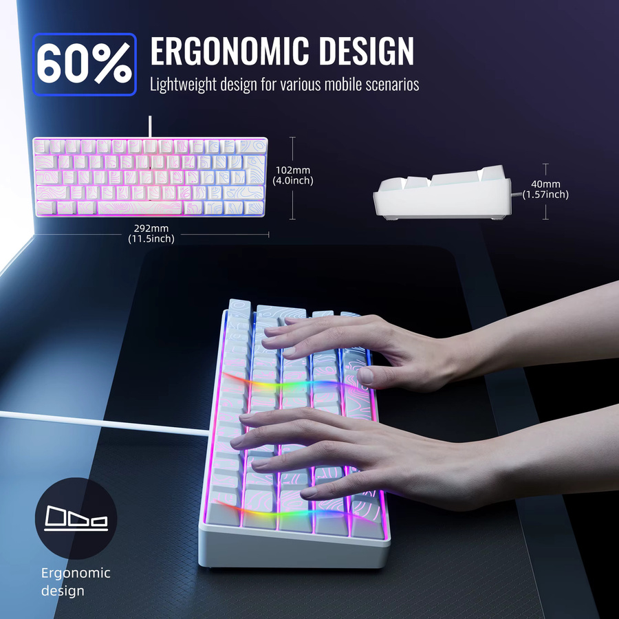 7KEYS Kompakte 60% Kabelgebundene Tastatur mit RGB-Hintergrundbeleuchtung und Membrantasten in Weiß - Bild 4