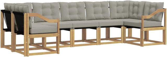 vidaXL Outdoor-Sofagarnitur 7-teilig in L-Form aus Akazienholz und Textilene mit Kissen in Weiß und Hellgrau - Bild 1