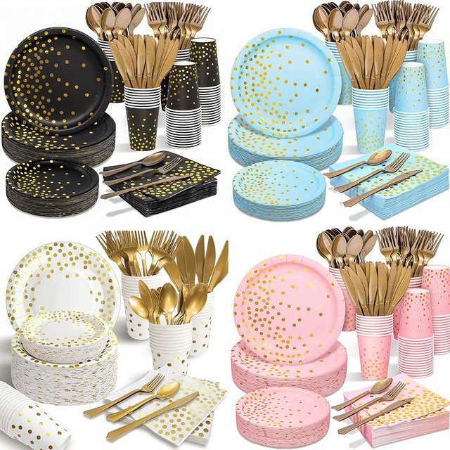 Potdemiel Party-Dekorationsset mit Servietten, Tellern, Bechern und Tischdecke in Pink, Blau, Schwarz, Weiß und Gold mit Punktmuster - Bild 1