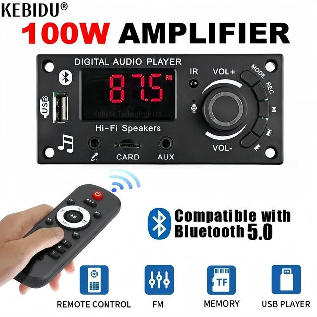 Kebidu Bluetooth 5.0 Verstärker Modul 100W mit MP3 WAV Decoder, USB, TF-Karte und FM-Radio in Schwarz - Bild 1