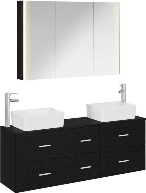 vidaXL Badezimmermöbel-Set 4-teilig in Schwarz Eiche Matt mit LED-Beleuchtung und Glas, bestehend aus Waschtischunterschrank, Spiegelschrank und Wandschrank - Bild 1