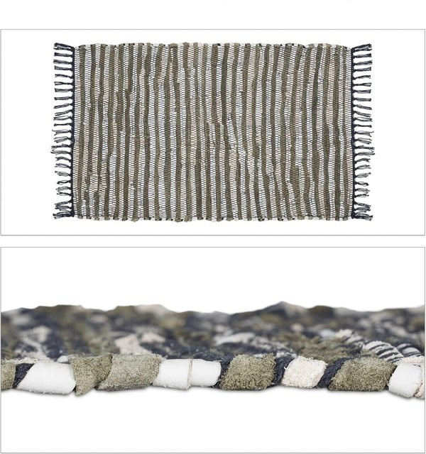 Relaxdays Flickenteppich aus Baumwolle und Leder in Khaki, rutschfest und mit Fransen, B: 60 cm, T: 100 cm - Bild 1