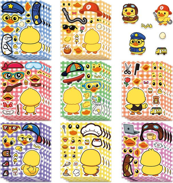 Niedliche gelbe Enten Puzzle-Aufkleber mit wechselbaren Gesichtern, wasserfeste Cartoon-Schreibwaren-Sticker für DIY-Projekte - Bild 1