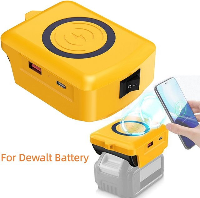 Universelles 18V 20V Li-Ionen-Akku-Ladegerät mit USB Typ-C als Powerbank und Telefonadapter, gelb, kompatibel mit Makita, Dewalt und Milwaukee - Bild 1