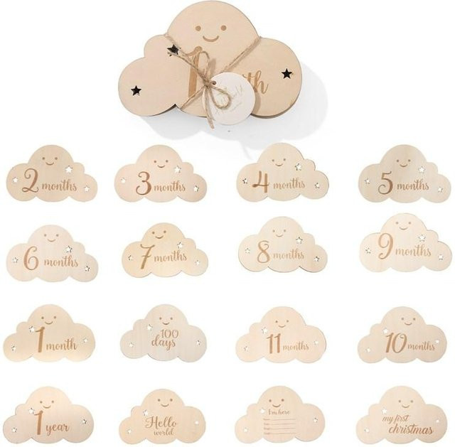 8-teiliges Set Binchi Outdoor Product Holz Baby Meilensteinkarten in Beige mit Wolkenform für Neugeborene als Fotografie Requisiten und Monatskarten - Bild 1