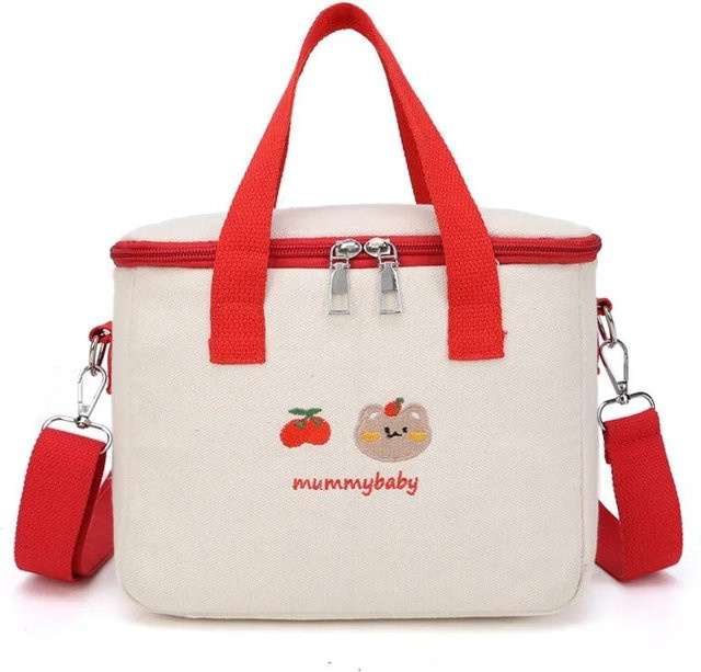 Weft Isolierte Lunchtasche Süßer Bär für Mädchen in Rot und Weiß aus Leinwand als Thermische Kühltasche für Picknick und Schule - Bild 1