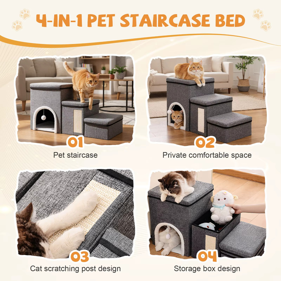 Jianyana Hundetreppe für kleine Hunde und Katzen, faltbare Haustiertreppe mit Aufbewahrungsbox und Katzenkratzbrett, verstellbare Hundestufen in Anthrazit und Grau - Bild 3