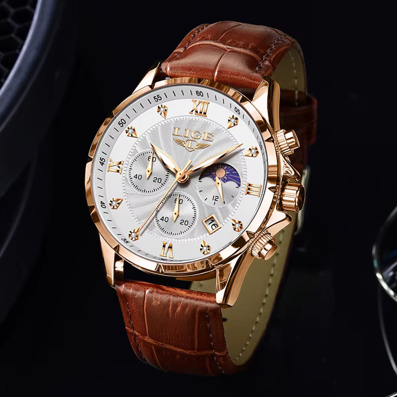LIGE Armbanduhr, Chronograph, Quarz, Leder, Schwarz, Herren - Bild 2