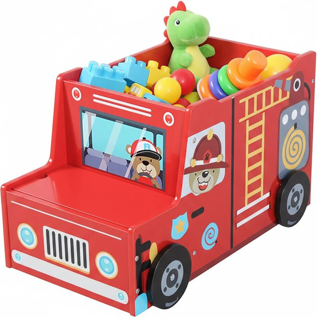Relaxdays Spielzeugkiste Feuerwehr aus MDF in Mehrfarbig mit Geheimfach, B/T/H: 60 x 34 x 32 cm - Bild 1