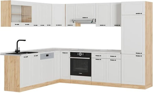 Vicco R-Line Eckküche Landhaus Stil in Weiß und Eiche mit Marmor Optik B/T/H: 227 x 287 x 251 cm - Bild 1