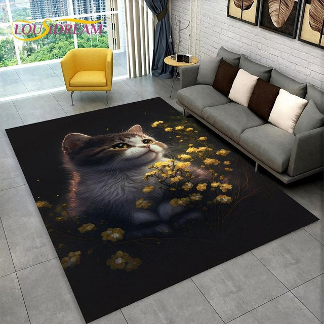 Magic Zhu 3D-Teppich mit Katzen-Cartoon-Motiv in Schwarz, rutschfest und waschbar, B/H: 90 x 60 cm - Bild 1