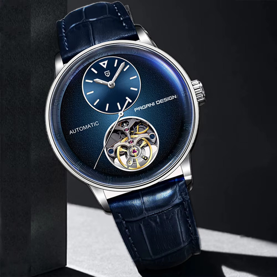 Pagani Design Armbanduhr, Automatik, Edelstahl, Leder, Blau, Herren - Bild 2