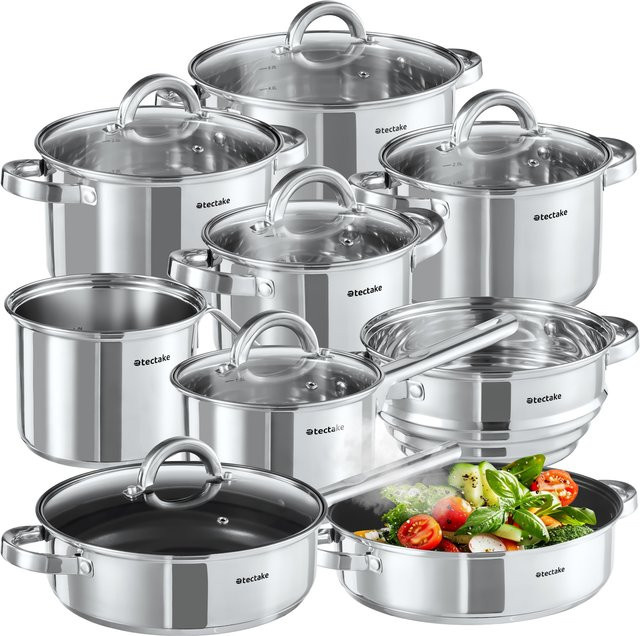 tectake Kochtopfset Turin 15-teilig aus Edelstahl in Silber mit Antihaftbeschichtung und Glasdeckeln für Induktion geeignet - Bild 2