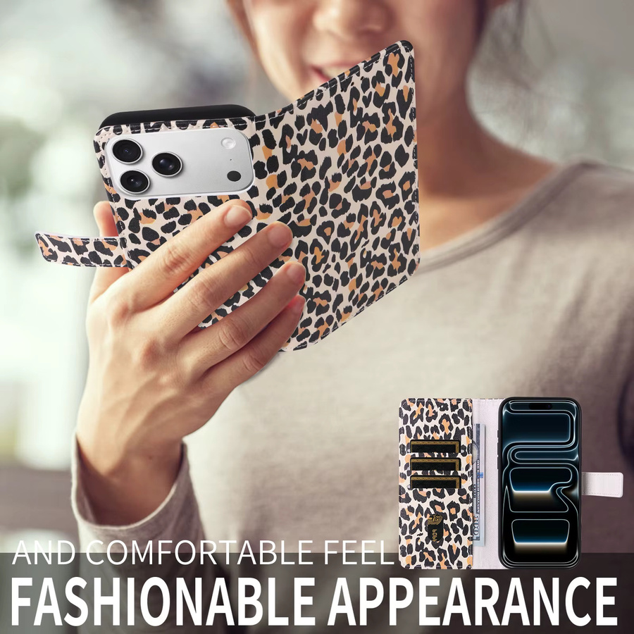 Leopardenmuster Flip-Wallet Handyhülle aus Kunstleder mit Kartenfach für iPhone 17 Pro Max, 16 Pro, 15, 14 Plus, 13 in Beige und Multicolour - Bild 6