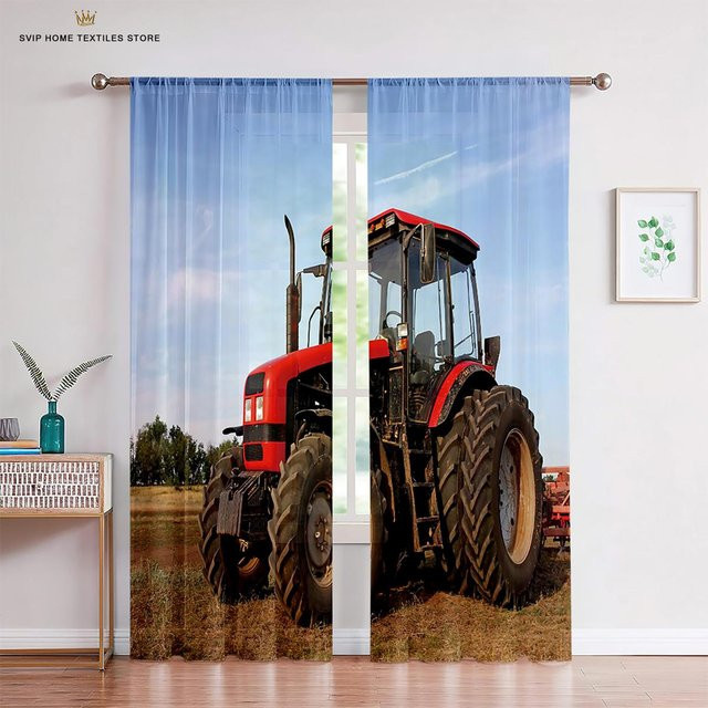 Yiran Furniture Gaze-Vorhänge mit Bauernhof-Motiv und Traktoren für Kinder, 2er-Set, halbtransparent, Mehrfarbig, Breite: 50 cm, Höhe: 130 cm - Bild 1