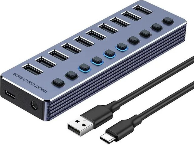 Meiteai USB 3.0 Hub 10 in 1 mit 7 Ports und 3 USB-A Anschlüssen, 5Gbps Splitter Erweiterungsdock mit unabhängigen Schaltern und 12V Netzteil für PC, Laptop und Tablets - Bild 1