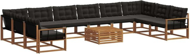 vidaXL Outdoor-Sofagarnitur aus Akazienholz in U-Form mit Textilene und Kissen, 11-teilig, Schwarz und Natur - Bild 1