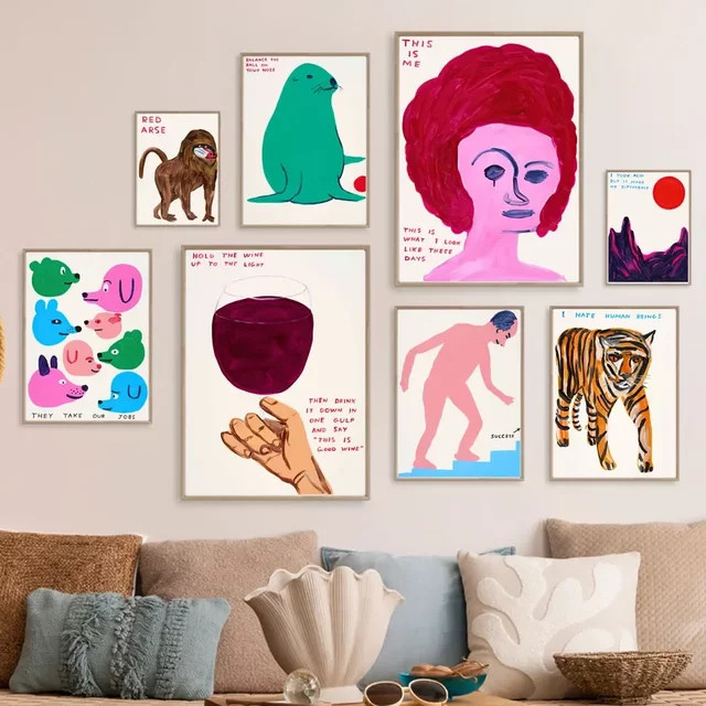 MINISO Wandkunst Leinwandmalerei David Shrigley Motiv Reifen Wein Storch Tiger Hund in Mehrfarbig - Bild 1