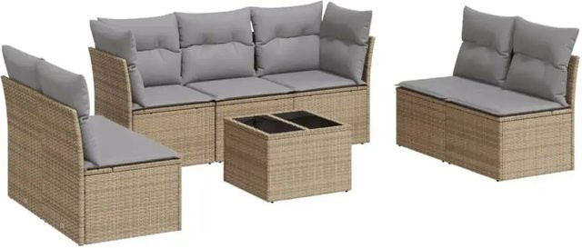 vidaXL 8-teilige Garten-Sofagarnitur in L-Form aus Poly-Rattan in Beige-Grau mit Tisch und Polsterkissen - Bild 1