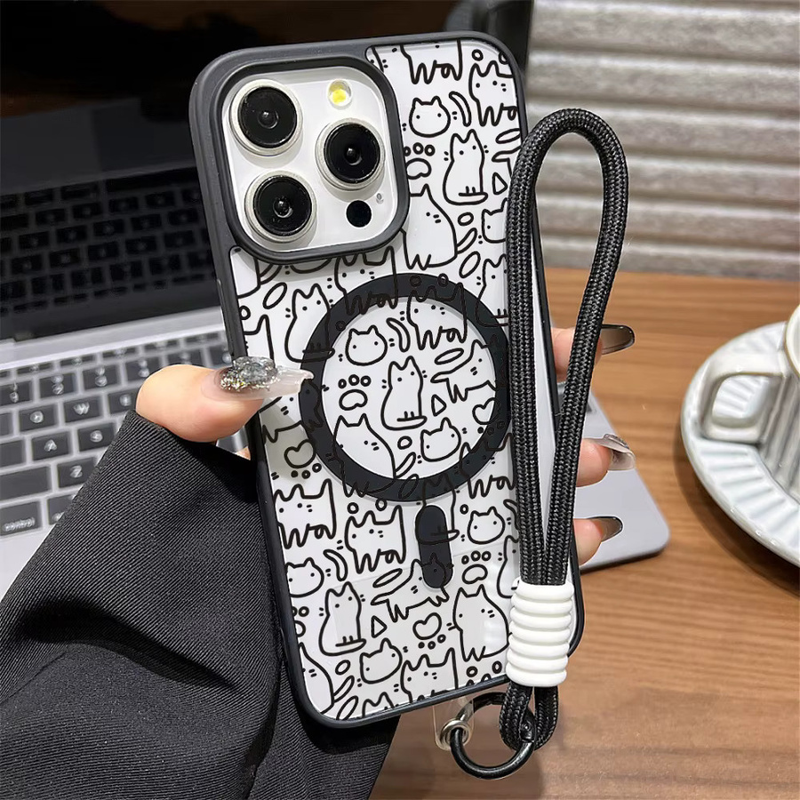 AKABEILA Magnetische Handyhülle mit Katzenmotiv und Lanyard für iPhone 11 bis iPhone 18 Pro Max, Stoßfeste Acryl-Matthülle - Bild 6