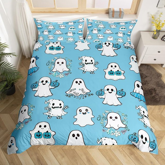 Binchi Outdoor Product Halloween Bettwäscheset mit Geister- und Kürbis-Motiv, Gelb und Blau, Material: Polyester, B/H: 140 x 200 cm - Bild 1