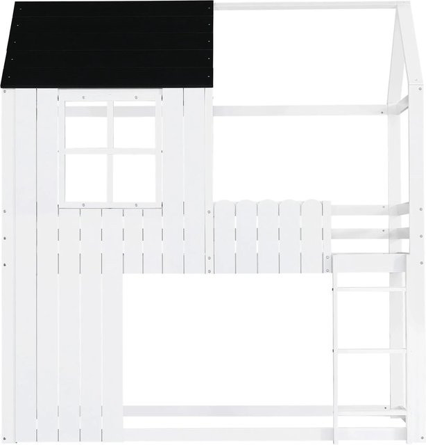 Merax Hausbett Hochbett für Kinder mit Treppe und Fenster in Weiß und Schwarz, B/T/H: 90 x 200 x 221 cm - Bild 1