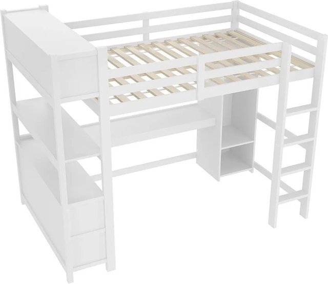 KOMHTOM Hochbett in Weiß mit Schreibtisch, Kleiderschrank und Regalen für Kinder, B/T: 140 x 200 cm - Bild 1