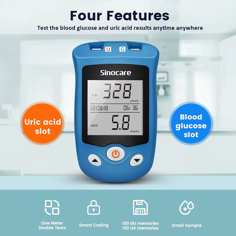 Sinocare 2 in 1 Safe AQ UG Harnsäure- und Blutzuckermessgerät mit U-Trips und G-Trips Schnelltests in Blau - Bild 2