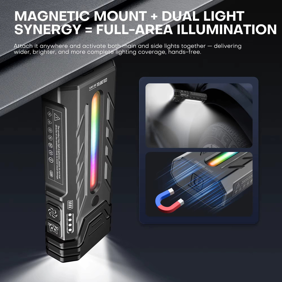 YEMAO LED Taschenlampe mit 5200 Lumen, wiederaufladbare COB Taschenlampe mit Magnetfunktion und RGB-Beleuchtung in Schwarz - Bild 3