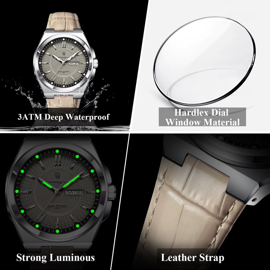 POEDAGAR Armbanduhr Quarz, Leder, Silber, Herren, Datum, Wochentag - Bild 4