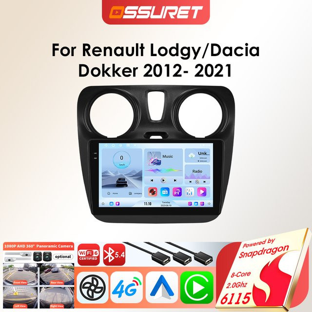 OSSURET Android-Autoradio-Player für Dacia Dokker und Renault Lodgy (2012–2021) mit Carplay, GPS und Snapdragon 6115 Prozessor, Schwarz, 2 DIN - Bild 1