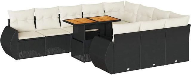 vidaXL 11-tlg. Garten-Sofagarnitur in L-Form aus Polyrattan und Akazienholz mit Kissen in Schwarz-Creme - Bild 1