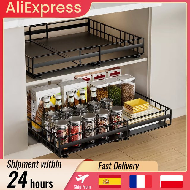 HGTUGO Ausziehbares Schrank-Aufbewahrungsregal aus Metall in Schwarz, erweiterbar von 31 bis 49 cm, schiebbares Regal für die Küchenorganisation ohne Bohren - Bild 1