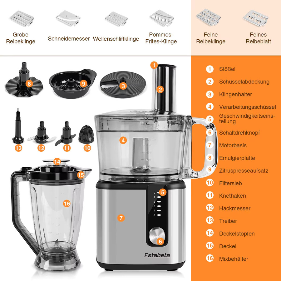 Fatabeta Edelstahl-Standmixer und Küchenmaschine in Silber und Schwarz mit zwei Schüsseln (1,8 l und 1,2 l) und 5 Geschwindigkeitsstufen zum Mixen und Hacken - Bild 3