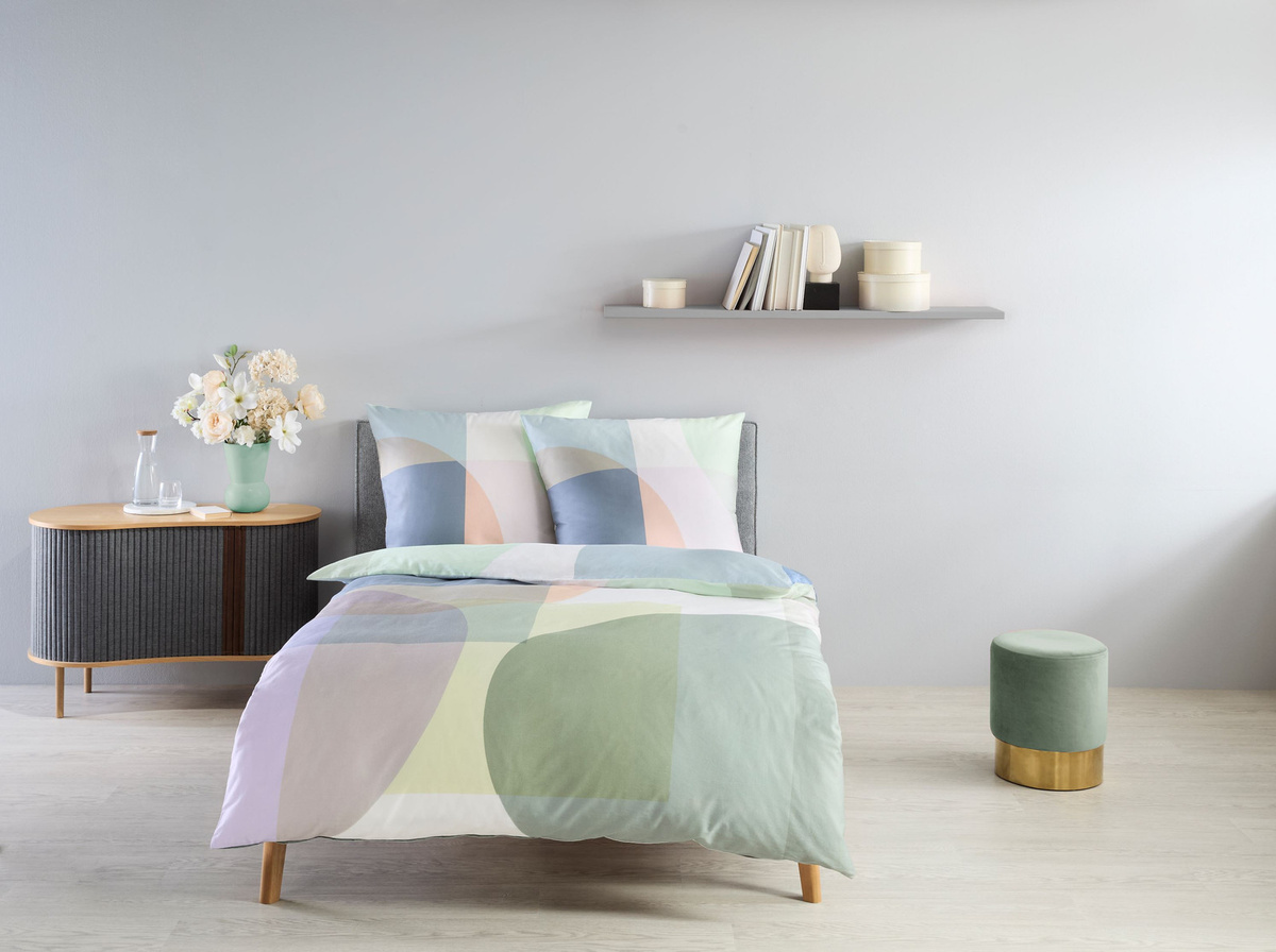 Fleuresse Mako-Satin Bettwäsche Set Retro Kreise Karo Bunt, Bettbezug 135 x 200 cm und Kissenbezug 80 x 80 cm - Bild 1