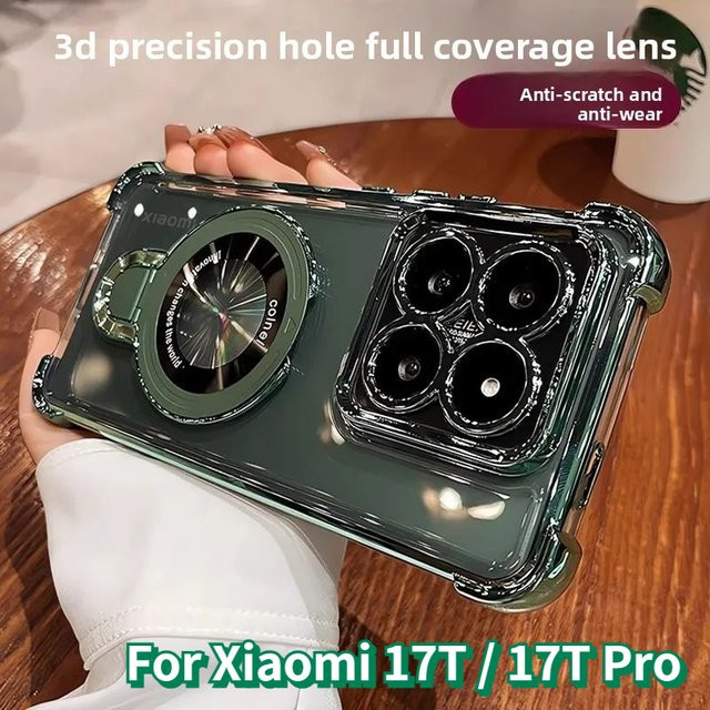 Transparente Silikonhülle für Xiaomi 17T Pro Max und 15T Pro Ultra mit Eckschutz-Airbag, Stoßfestigkeit und Kameraschutz-Ständer in Pink - Bild 1