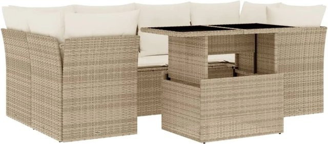 vidaXL 7-tlg. Garten-Sofagarnitur aus Poly-Rattan in Beige mit Kissen und L-Form - Bild 1