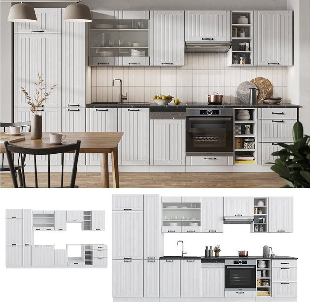 Vicco Küchenzeile Fame-Line Landhausstil Weiß 355 cm mit Hochschrank und verschiedenen Unterschränken - Bild 1