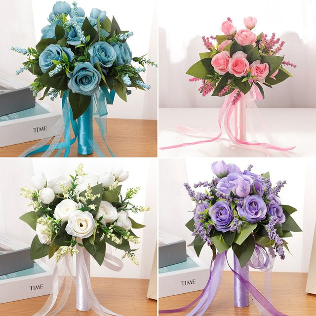 Künstlicher Brautstrauß mit weißen Rosen und Seidenband für deine Hochzeit - Bild 1