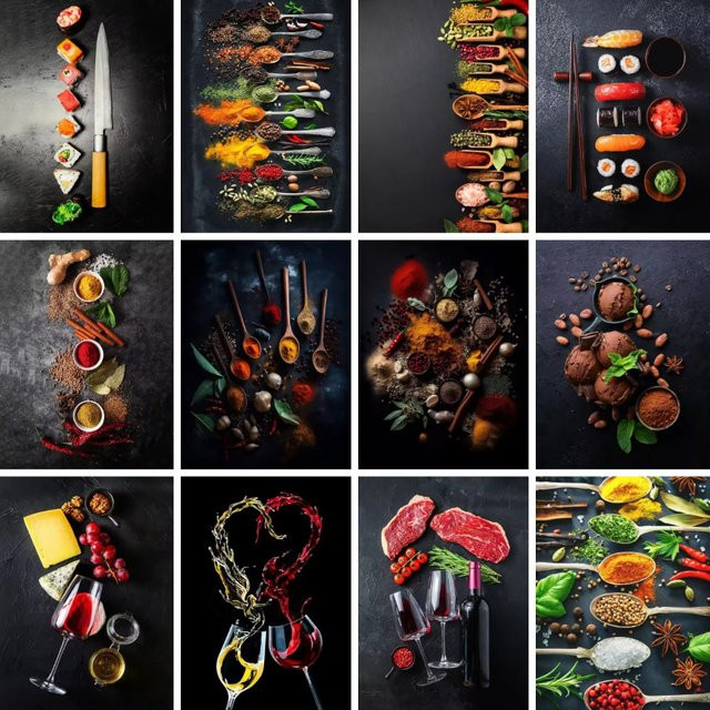 Potdemiel Wandkunst Leinwand Poster mit Kochen Kräutern Gewürzen Sushi und Löffeln in Multicolor vertikal - Bild 1
