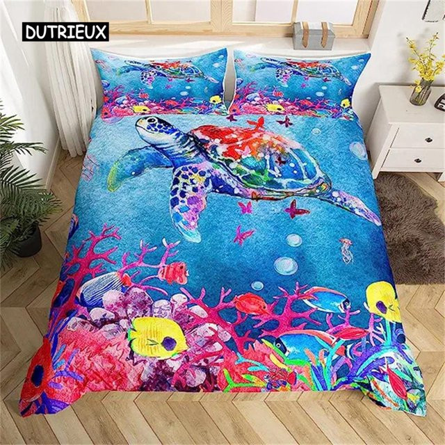 Bettwäsche Set mit Meeresschildkröten-Motiv von Binchi Outdoor Product in Grün und Blau, bestehend aus Bettbezug und Kissenbezug, B/B: 135 x 200 cm - Bild 1