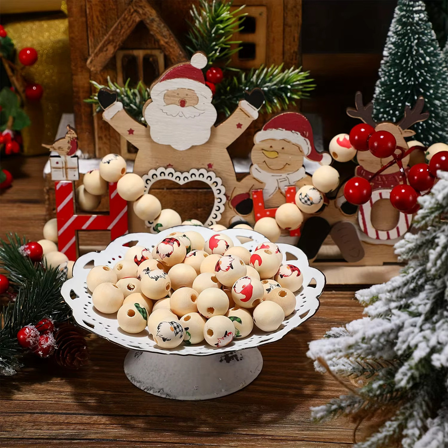 40 Stück weihnachtliche Holzperlen mit Karomuster und Schneeflocken in Multicolour, Durchmesser: 1,6 cm - Bild 3