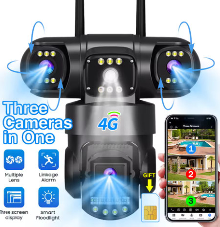 NUOYING 4G-Sicherheitskamera mit SIM-Karte, 6K Auflösung, 12MP Drei-Objektiv-System mit drei Bildschirmen, PTZ-Videoüberwachung und Nachtsicht, Schwarz - Bild 1