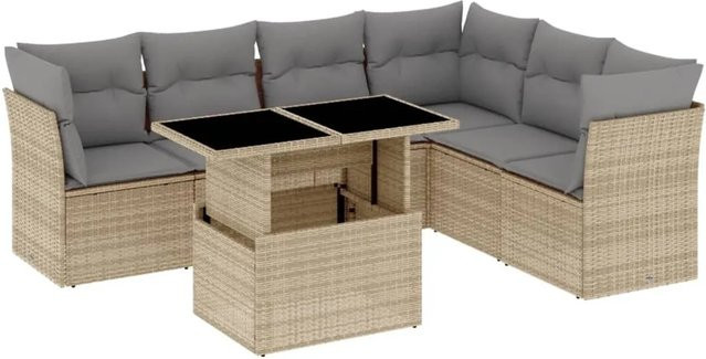 vidaXL 7-tlg Garten-Sofagarnitur in L-Form aus beige Poly Rattan mit Tisch und Kissen - Bild 1