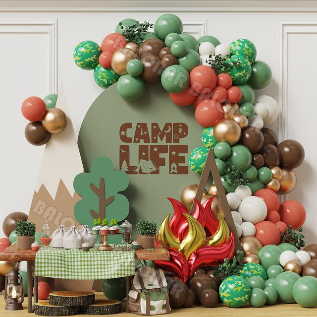 BALONAR Camping Ballon Girlande Set für Woodland Party Dekoration in Salbeigrün, Braun und Camouflage mit Campfire-Elementen, 125 Stück - Bild 1