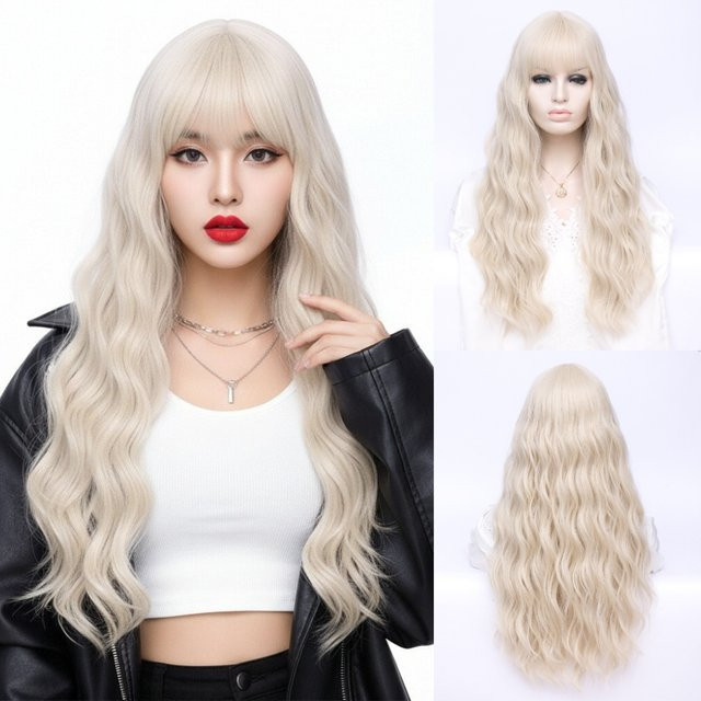 MSIWIGS Damenperücke, lange gewellte blonde Synthetik mit Pony - Bild 1